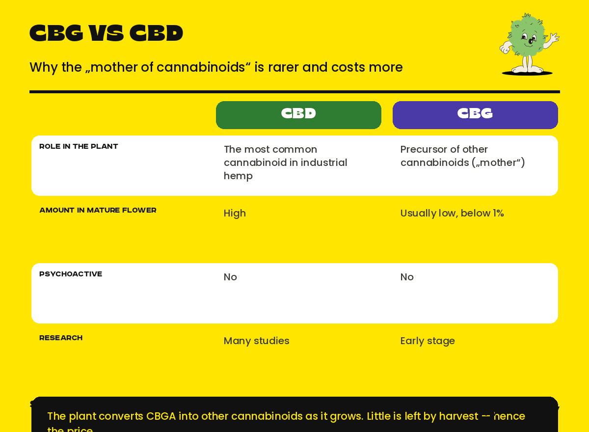 Comparison of CBG and CBD by role in the plant, amount in mature flower, psychoactivity and research