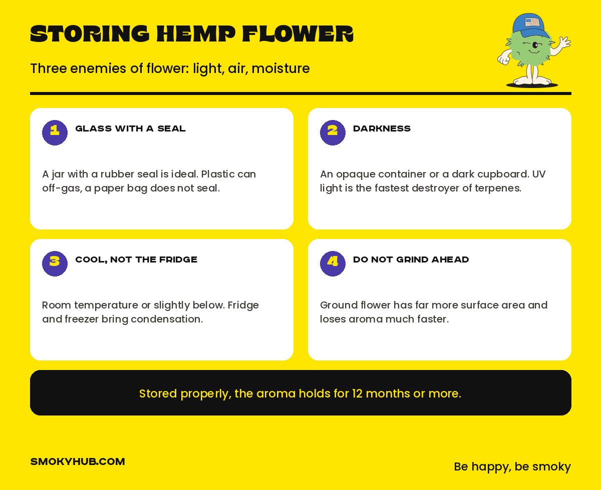 Four rules for storing hemp flower: glass with a seal, darkness, cool but not the fridge, do not grind ahead