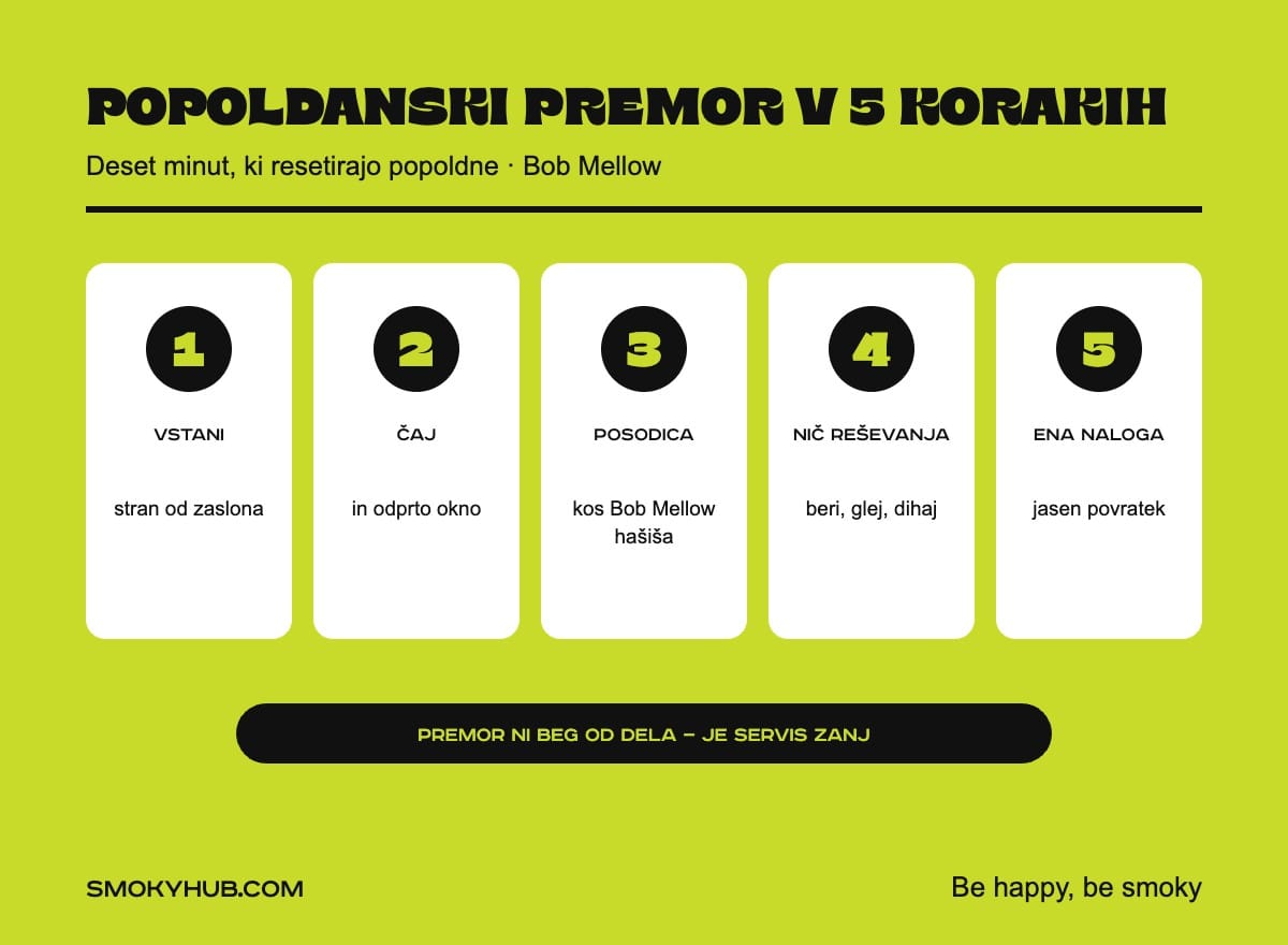 Popoldanski premor v 5 korakih z Bobom Mellowom (infografika SmokyHub)