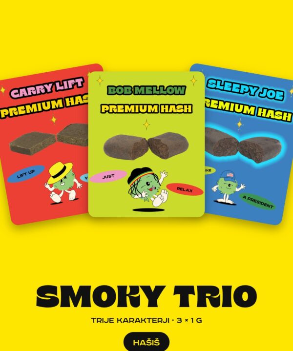 SMOKY TRIO hašiš – Carry Lift, Bob Mellow in Sleepy Joe, 3 × 1 g
